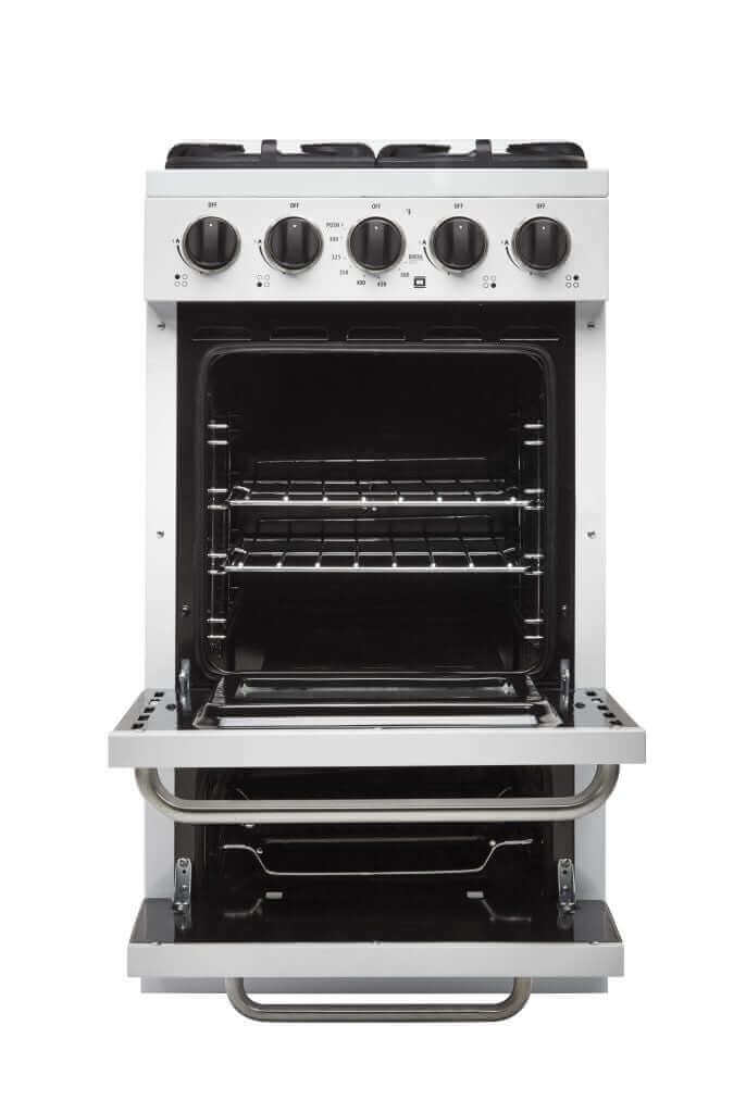 Unique 20" off-grid propane classic range - Cabin Depot, modern cooking appliance with cast-iron grates and battery ignition system.