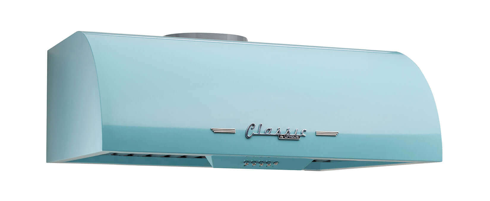 Unique 24" Classic Retro Range Hood in blue, Cabin Depot exclusive, 50s design with LED lights for retro kitchen style.