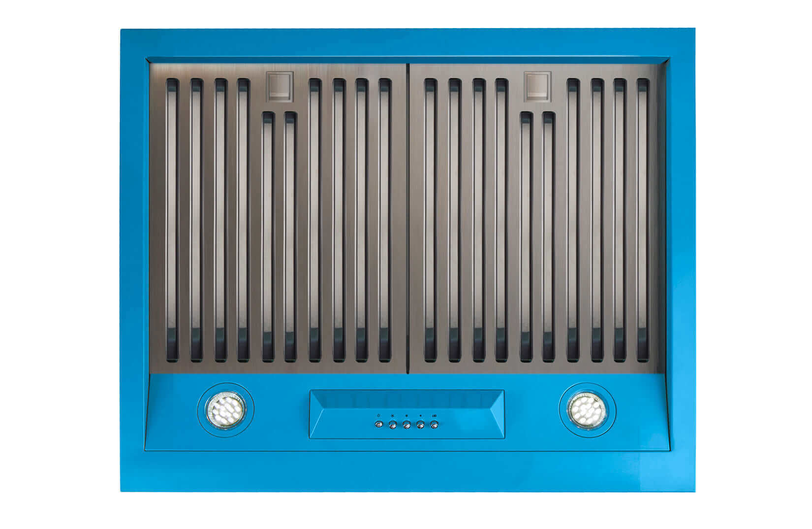 Unique 24" Classic Retro Range Hood in vibrant blue, featuring dual LED lights. Available at Cabin Depot for your vintage kitchen look.