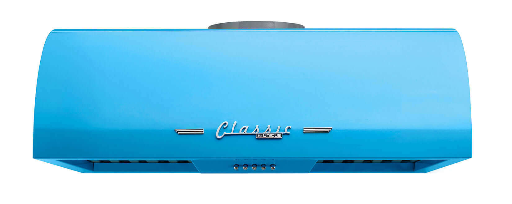 Unique 24" Classic Retro Range Hood in blue, perfect for vintage kitchens. Available at Cabin Depot. Stylish with LED lights.