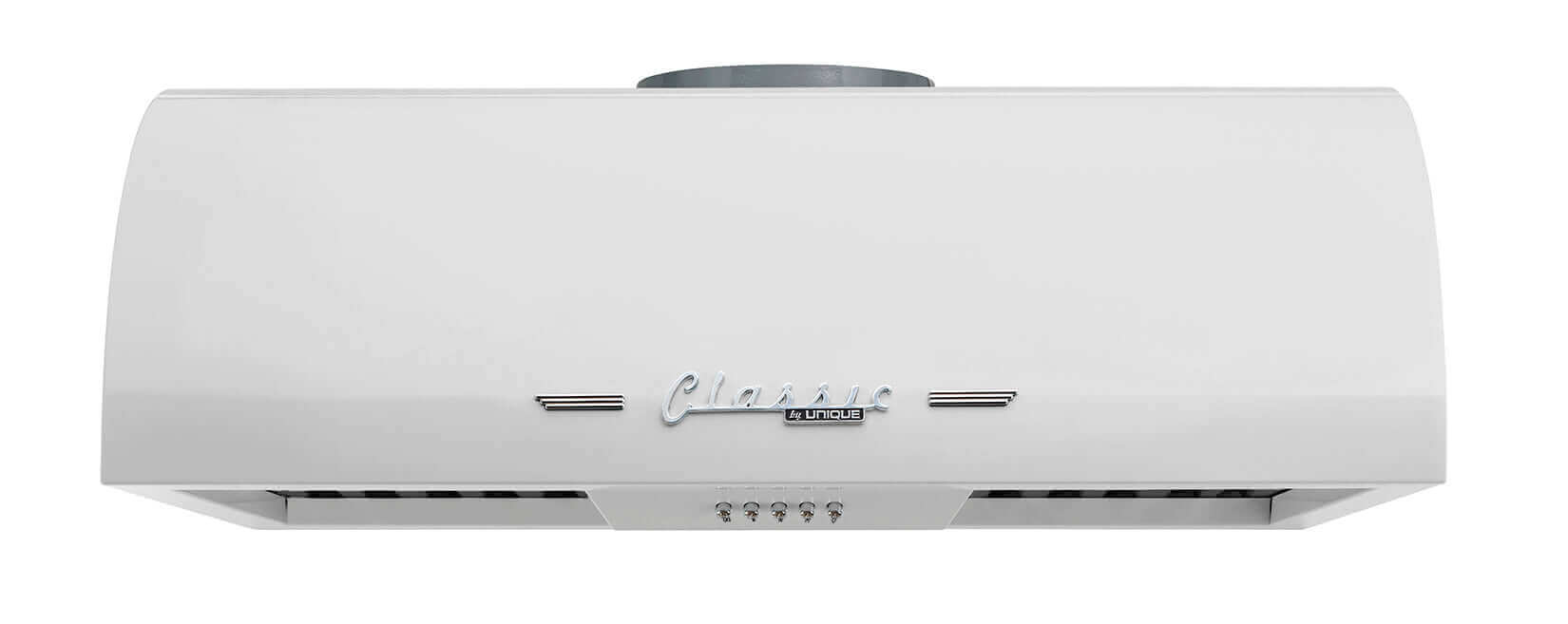 Classic Retro 24-inch Range Hood in White from Cabin Depot, featuring 50s design and LED lights for vintage kitchen style.