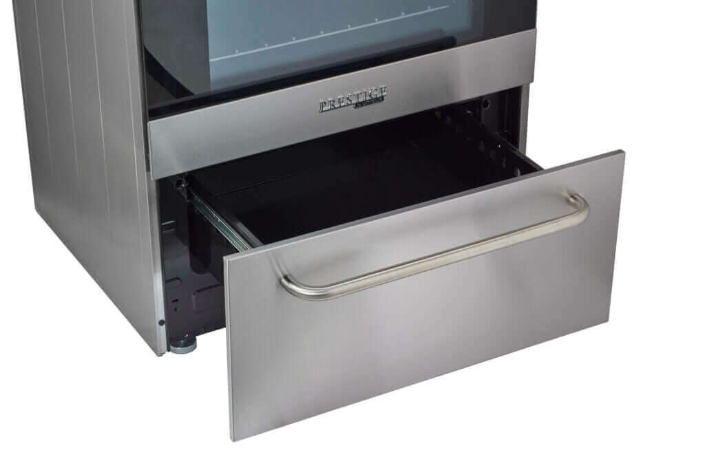 Open drawer of Prestige 24" Convection Electric Range in stainless steel from Cabin Depot, featuring a sleek design for compact kitchens.