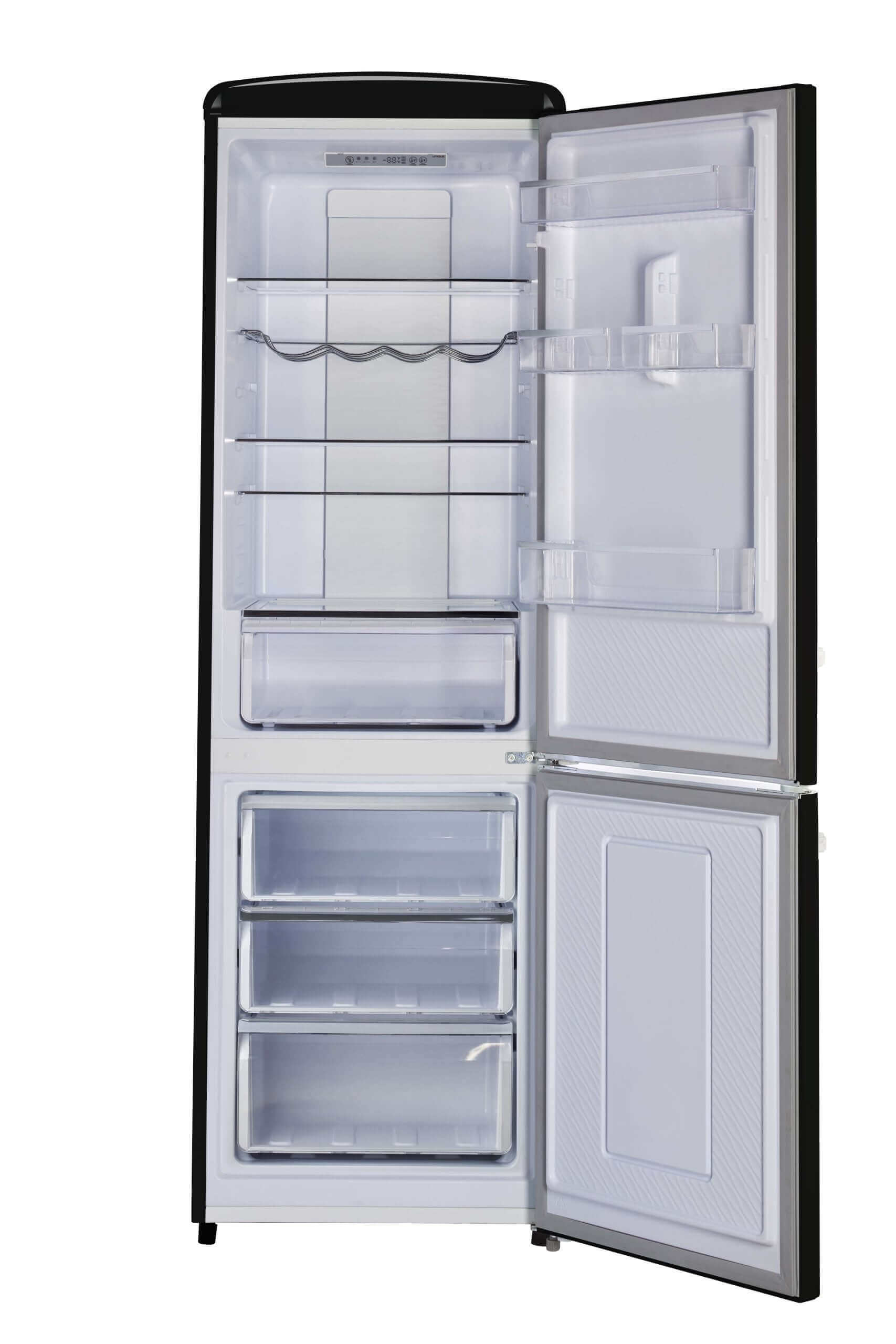 Classic Retro 12 Cu/Ft Bottom Mount AC Refrigerator open view by Cabin Depot, showcasing spacious interior and stylish design.