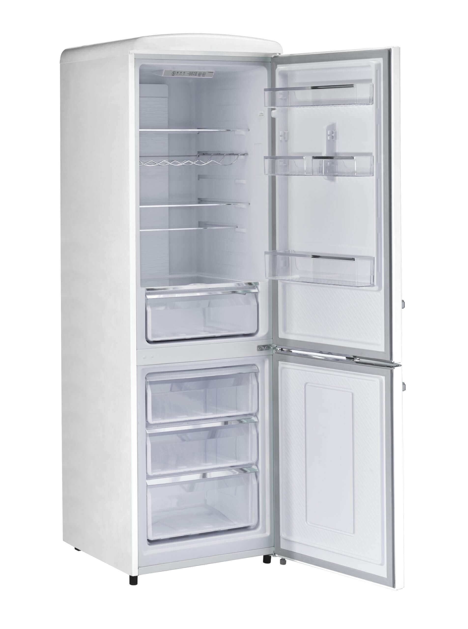 Unique 12 Cu/Ft Classic Retro Bottom Mount AC Refrigerator from Cabin Depot, open view displaying ample storage space for food.