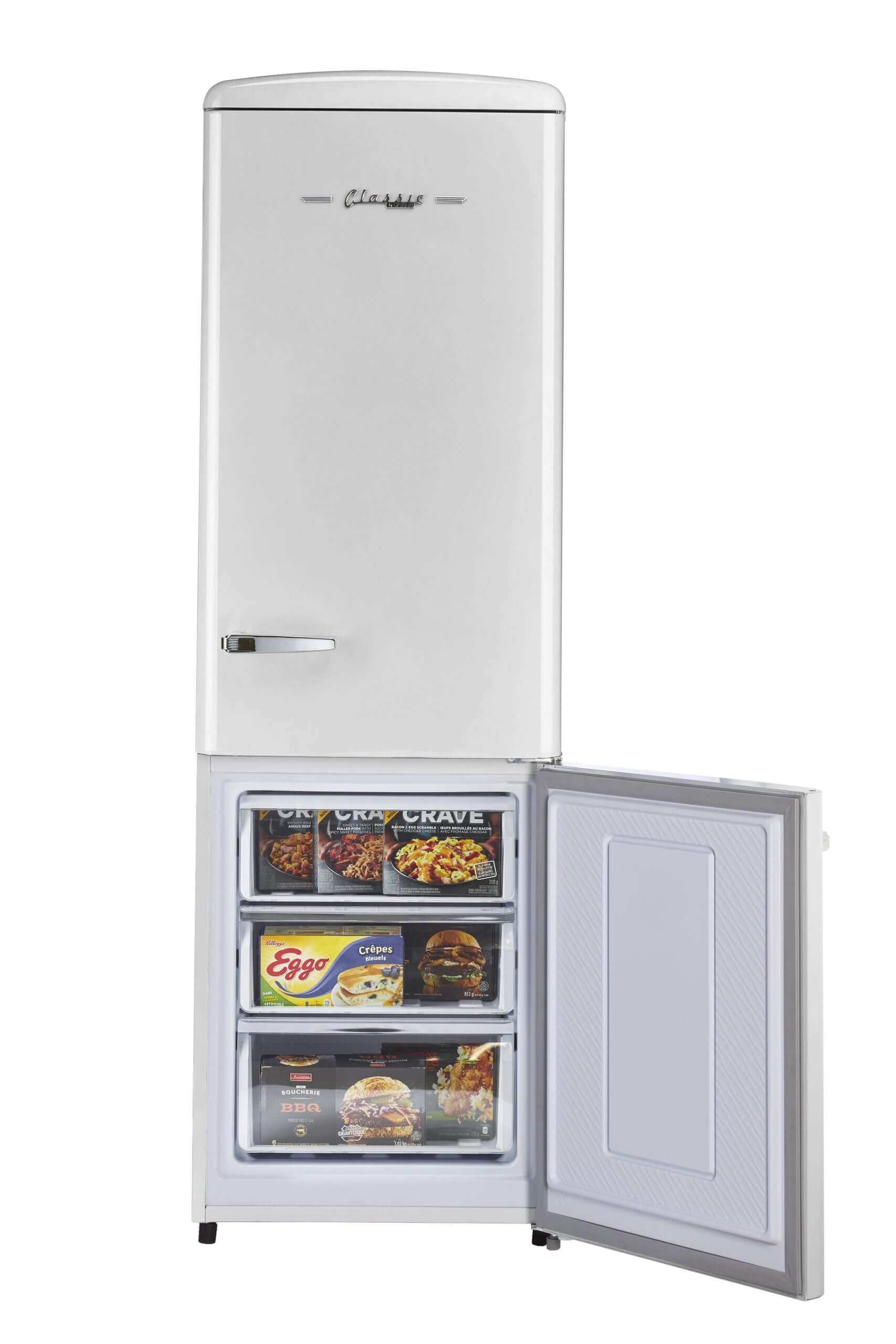 Unique Classic Retro 12 Cu/Ft Bottom Mount Electric Refrigerator by Cabin Depot in white, open freezer displaying storage capacity.