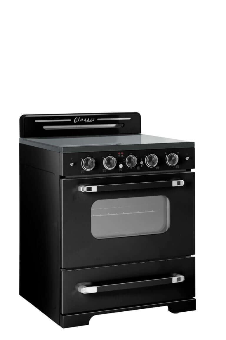 Unique 30" Classic Retro Electric Range with Convection Oven from Cabin Depot. 1950s style with chrome accents and 5-element SmoothTop.