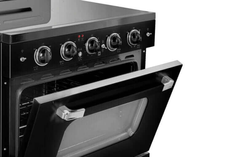 Black Unique 30" Classic Retro Electric Range with Convection Oven, Cabin Depot, featuring sleek glass cooktop and chrome accents.