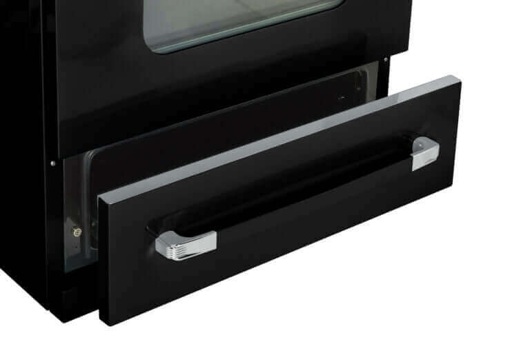 Close-up of black drawer handle on Unique 30" Classic Retro Electric Range with sleek chrome accents, available at Cabin Depot.
