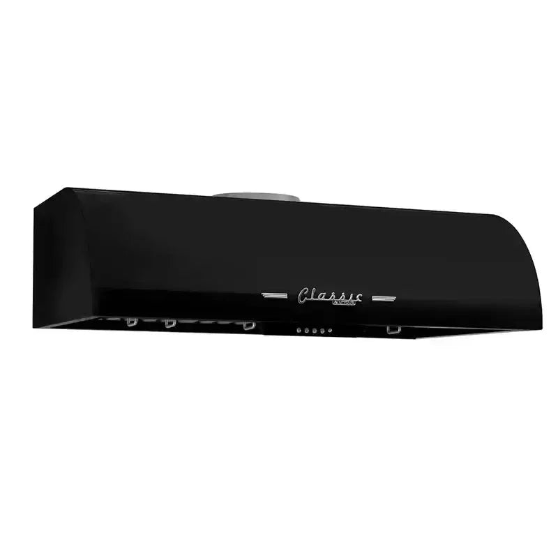 36" Classic Retro Range Hood by Cabin Depot in black with chrome accents, featuring LED lights and powerful dual motors for optimal ventilation.