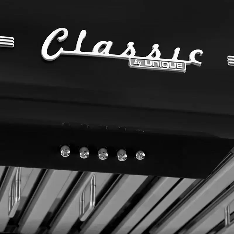 Unique 36" Classic Retro Range Hood with chrome accents, available at Cabin Depot. Iconic 50s design, ideal for classic kitchen decor.