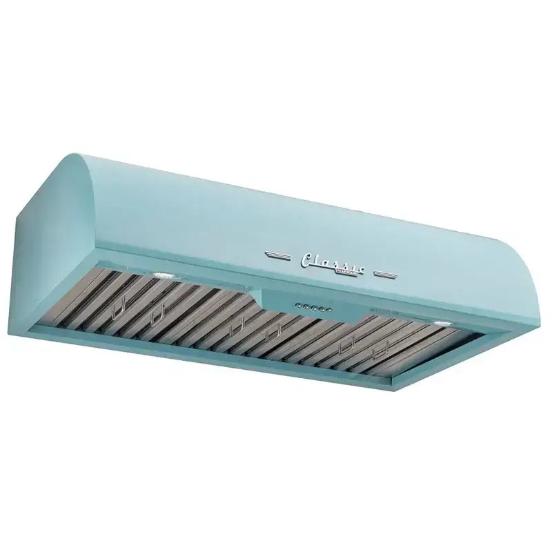 Alt Tag: 36-inch Classic Retro Range Hood in teal with chrome accents, Cabin Depot style, featuring dual motors and LED lights for kitchen ventilation.