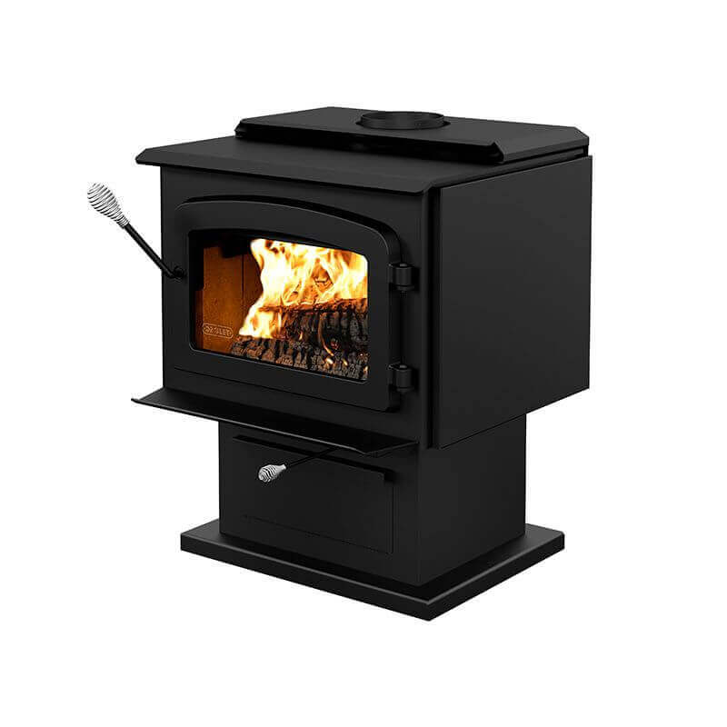 Drolet Escape 1800 Wood Stove from Cabin Depot with 2.4 ft³ firebox, suitable for up to 20'' logs. Ideal for mobile home installation.