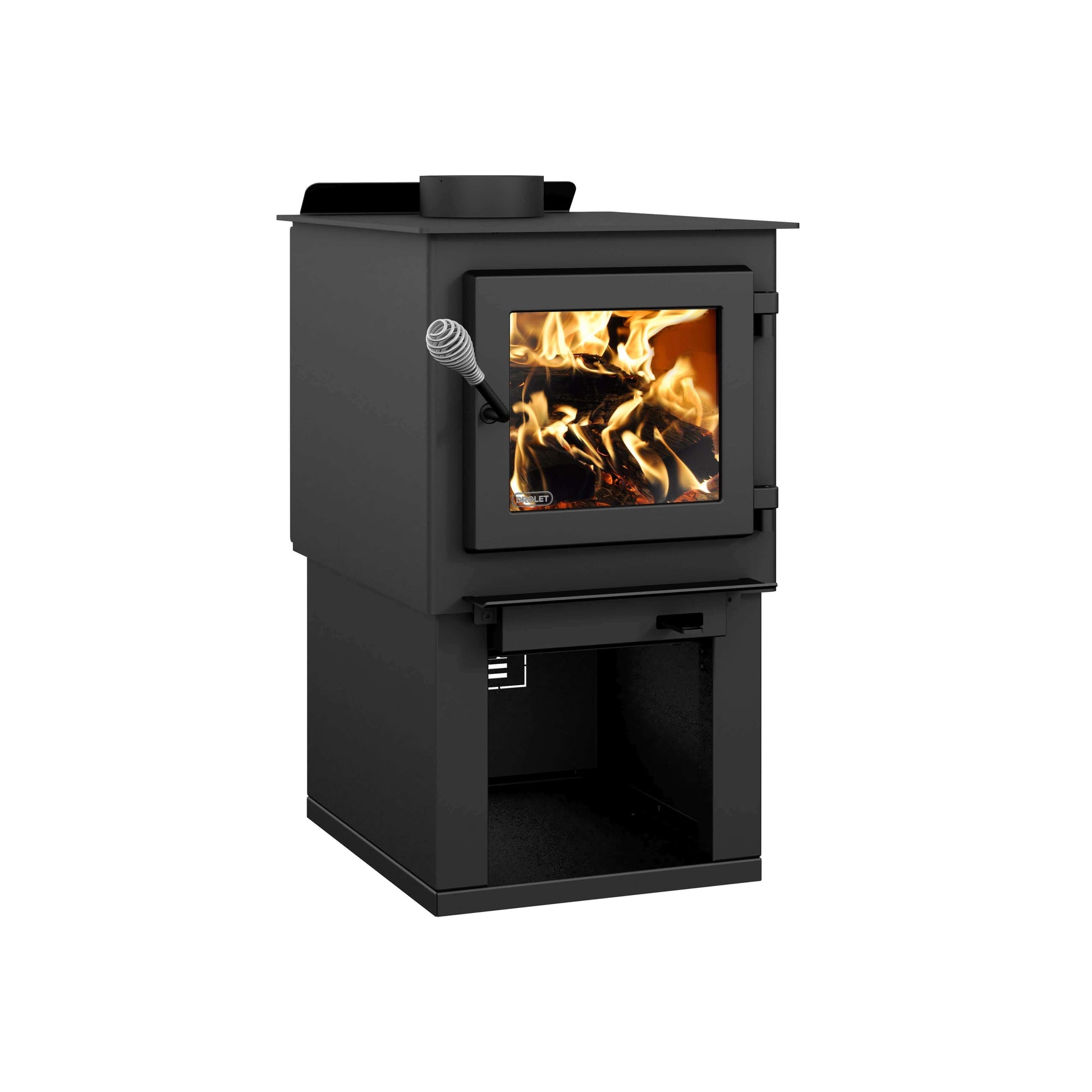 Drolet Deco Nano Wood Stove - 45,000 BTU, EPA certified, modern design, storage space; available at Cabin Depot, free shipping.