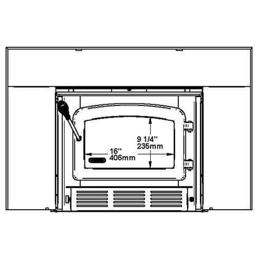 Diagram of Drolet Escape 1500-I wood insert with faceplate, highlights stove dimensions for Cabin Depot customers.